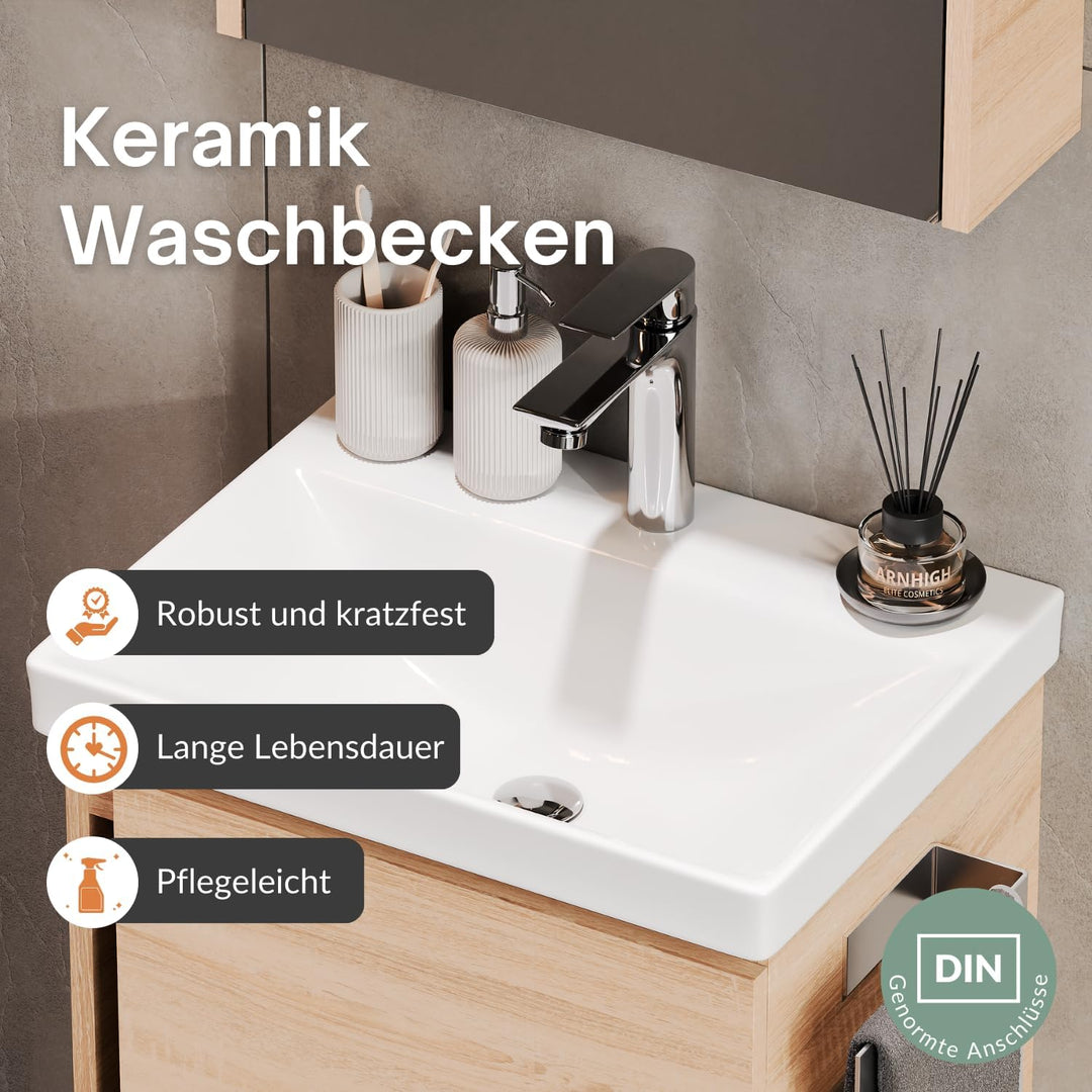 Planetmöbel Waschtischunterschrank 50 cm Sonoma Eiche mit Armatur Chrom mit Wasserhahn Chrom Sonoma