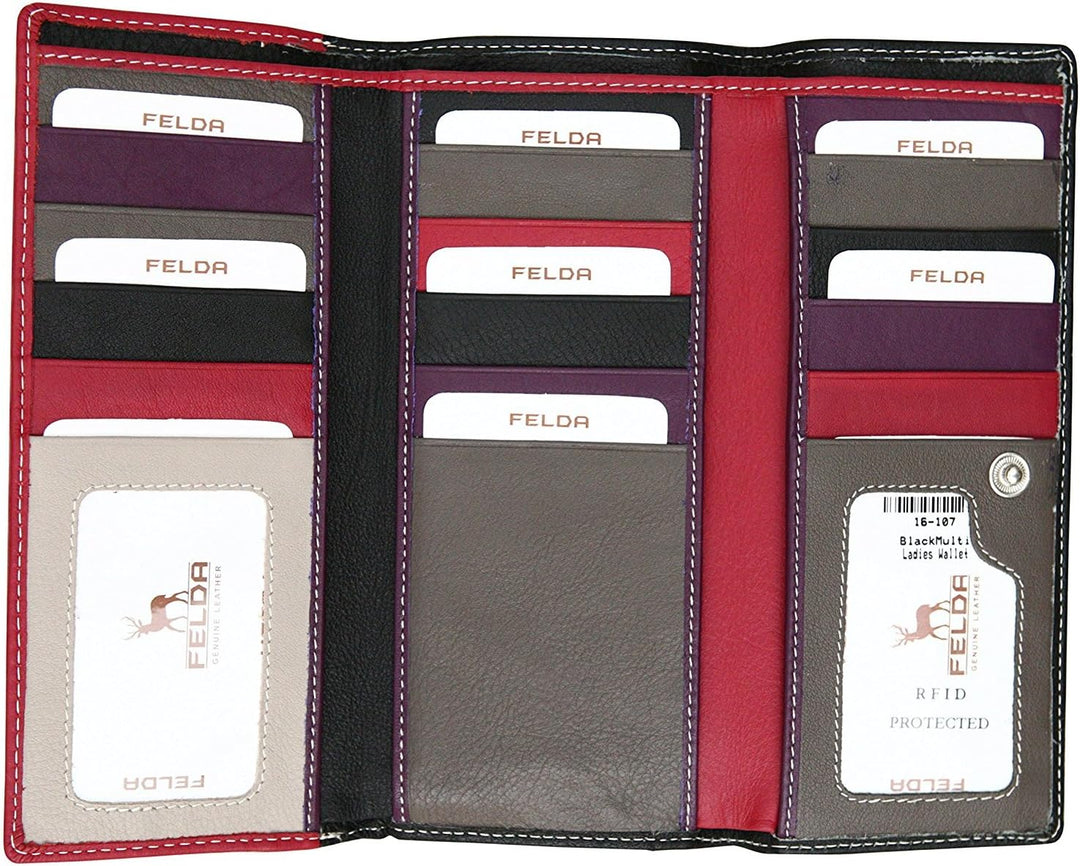 Felda - Damen Geldbörse mit 23 Kartenfächern & Münzfach - RFID-Blocker - aus Echtleder - längliches