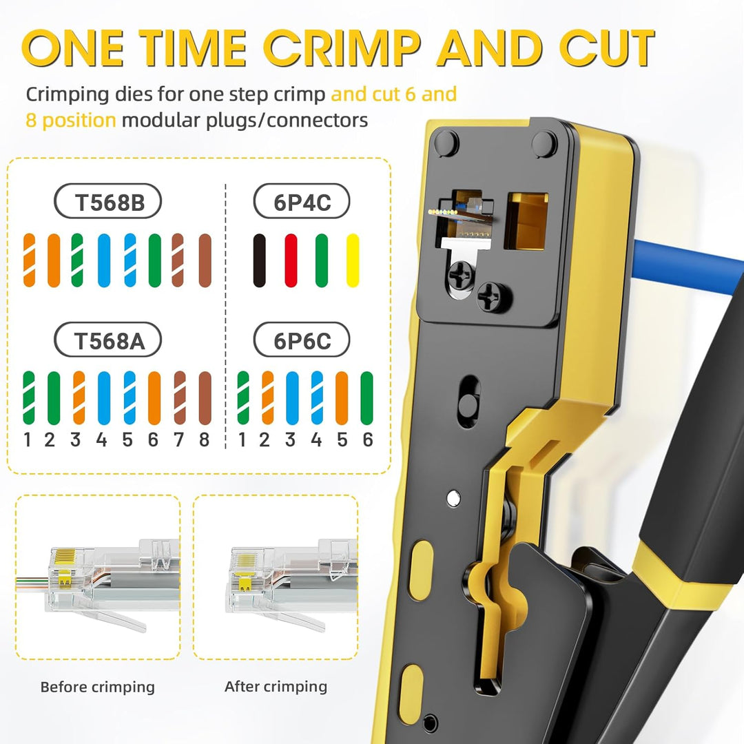 RJ45 Crimpzange Ethernet Crimp Tool Crimper für RJ11/RJ12 Standard, RJ45 Pass Through Stecker, Gelb