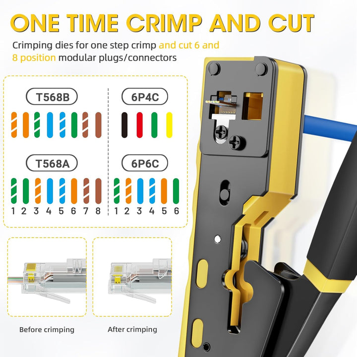 RJ45 Crimpzange Ethernet Crimp Tool Crimper für RJ11/RJ12 Standard, RJ45 Pass Through Stecker, Gelb
