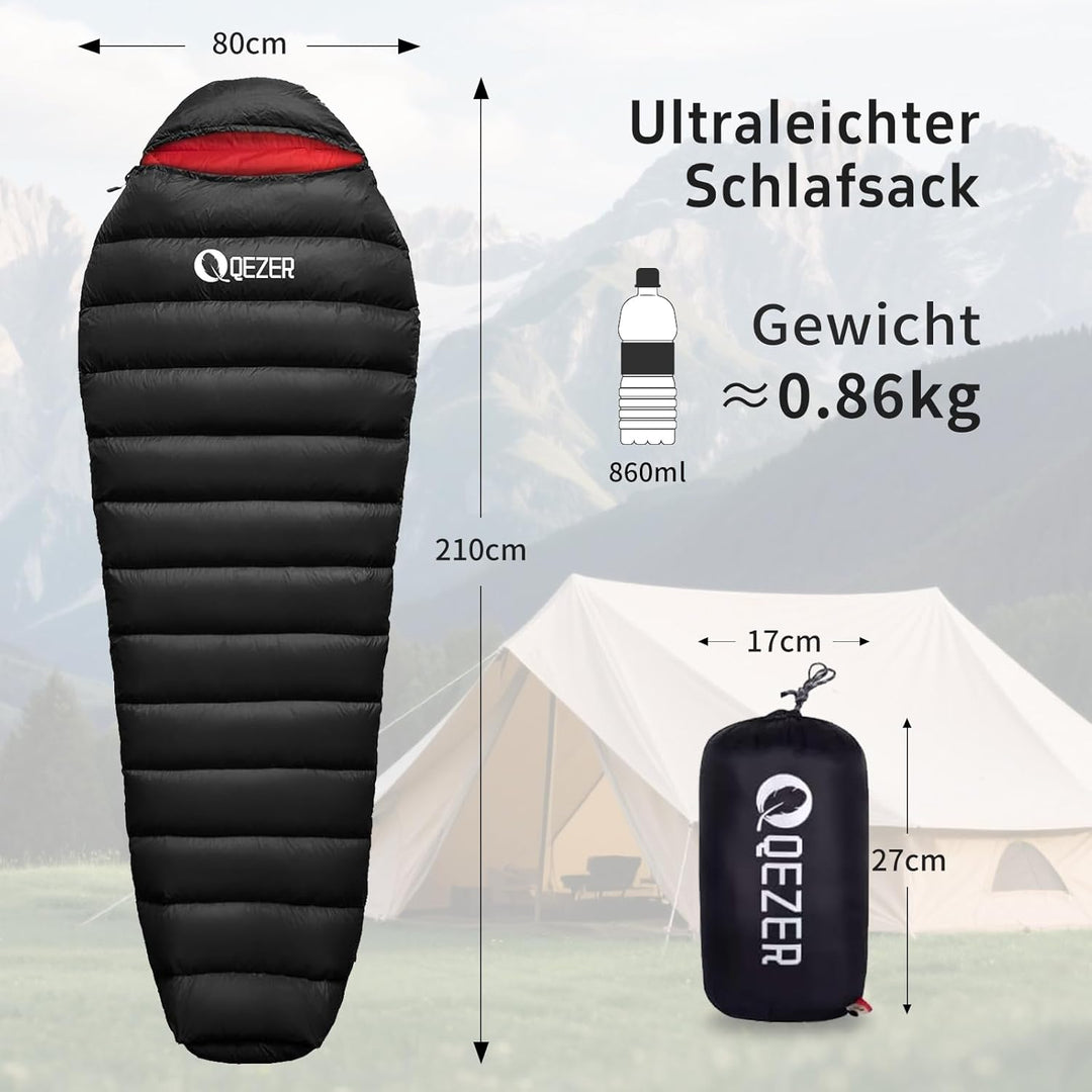 Daunenschlafsack, Winterschlafsack, gefüllt mit 650er Entendaunen. RDS-Zertifiziert. Geeignet für Te