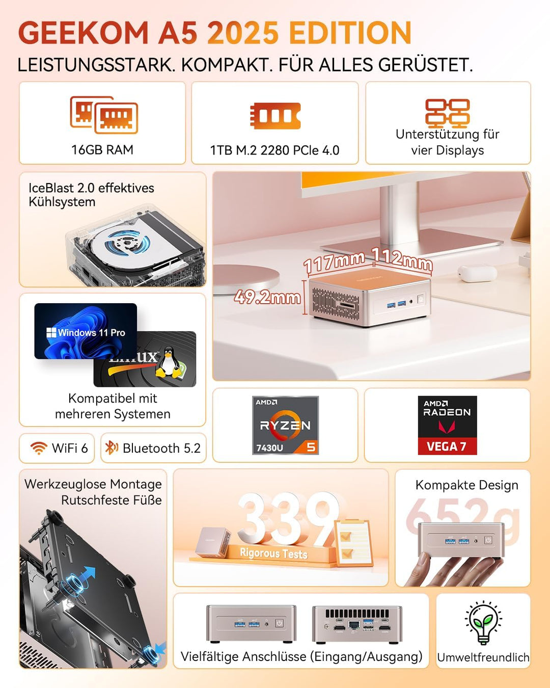 GEEKOM Mini PC A5 2025 Edition mit AMD Ryzen 5 7430U,16GB RAM 1TB SSD, Windows 11 Pro, Ultra-leiser