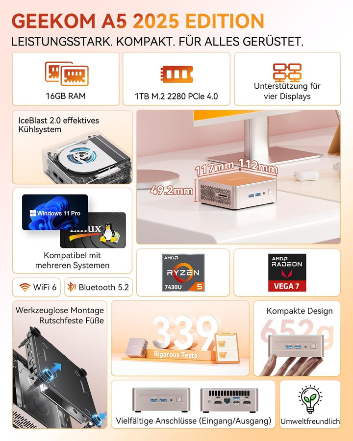 GEEKOM Mini PC A5 2025 Edition mit AMD Ryzen 5 7430U,16GB RAM 1TB SSD, Windows 11 Pro, Ultra-leiser