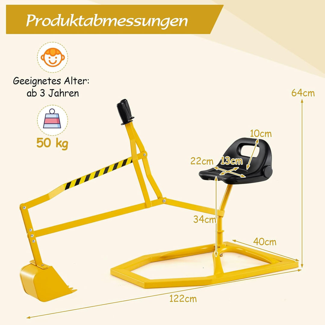 COSTWAY Sitzbagger 360° drehbar, Bagger zum Draufsitzen Metall, Bagger Sandkasten mit Schaufel & 2-H