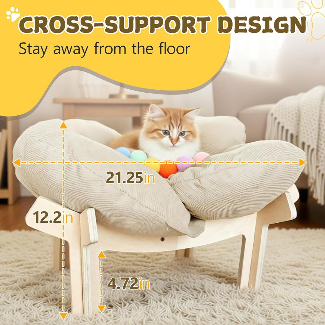 Erhöhtes Katzenbett in Blumenform,Stabiles Holzkatzensofa,Weiche Haustiersofa,Katzenstuhl mit Abnehm