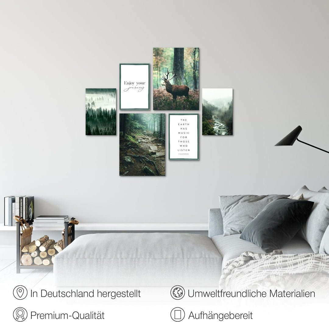 Novart Bilder Set - AUFHÄNGFERTIG - KEIN EXTRA RAHMEN BENÖTIGT - Wald Hirsch Modern Natur Grün - Woh