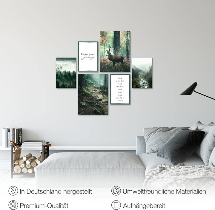 Novart Bilder Set - AUFHÄNGFERTIG - KEIN EXTRA RAHMEN BENÖTIGT - Wald Hirsch Modern Natur Grün - Woh