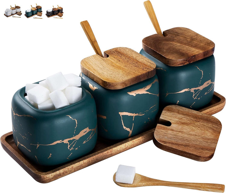 Gewürzgläser Set, 3 Stk Keramik Zuckerdose mit Deckel und Löffel Bambus für Haus und Küche, Alternat