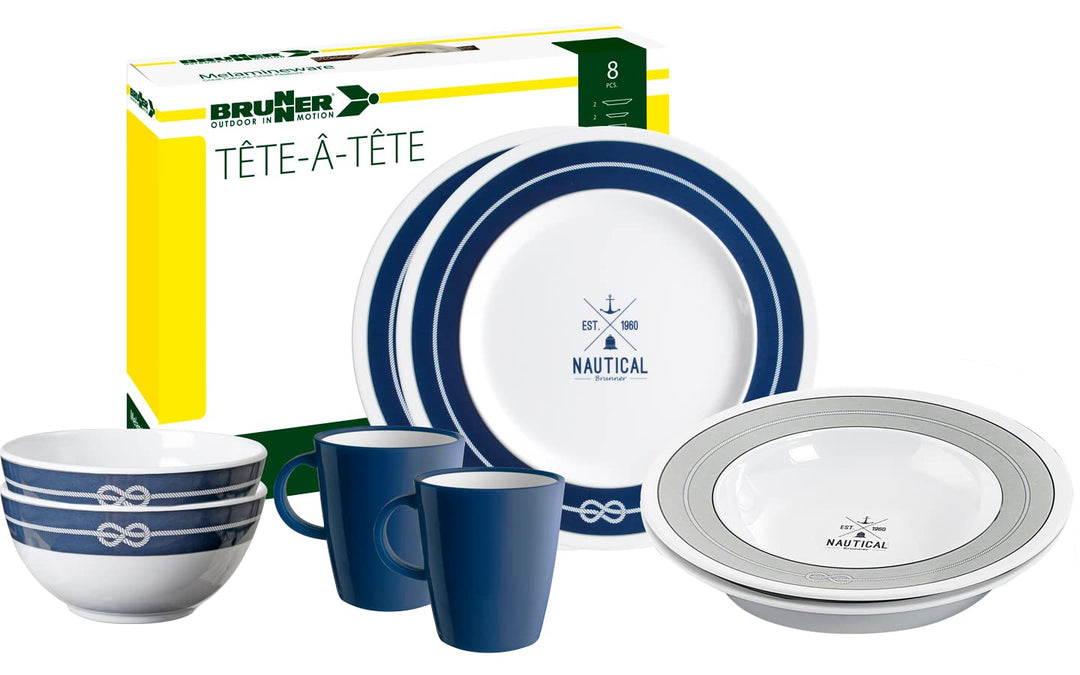 Brunner 0830143N.C8S Campinggeschirr Set für 2 Personen, Tête-À-Tête Nautical, 8-teilig