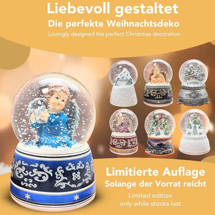 Schneekugel Weihnachten mit Musik | Engel blau mit Harfe Silber | Sockel blau-Silber Ornamente | H:
