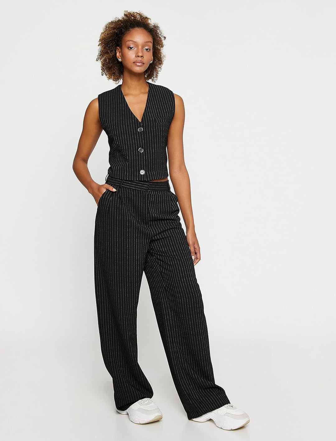 Koton Damen Palazzo Trousers Pleated High Waist Stripe Pants, 34