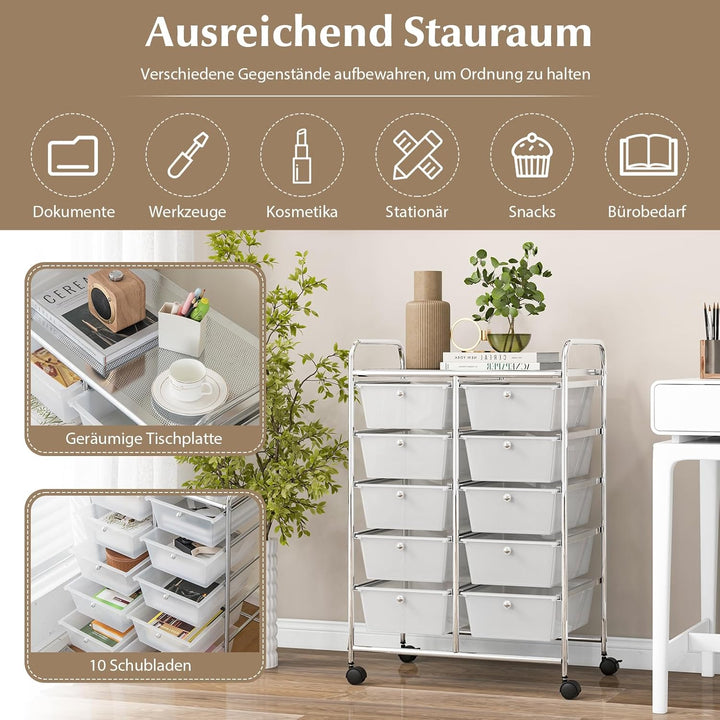 GOPLUS Rollwagen mit 10 Schubladen stapelbar, Rollcontainer mit Ablage & Metallgestell, Badregal, Au