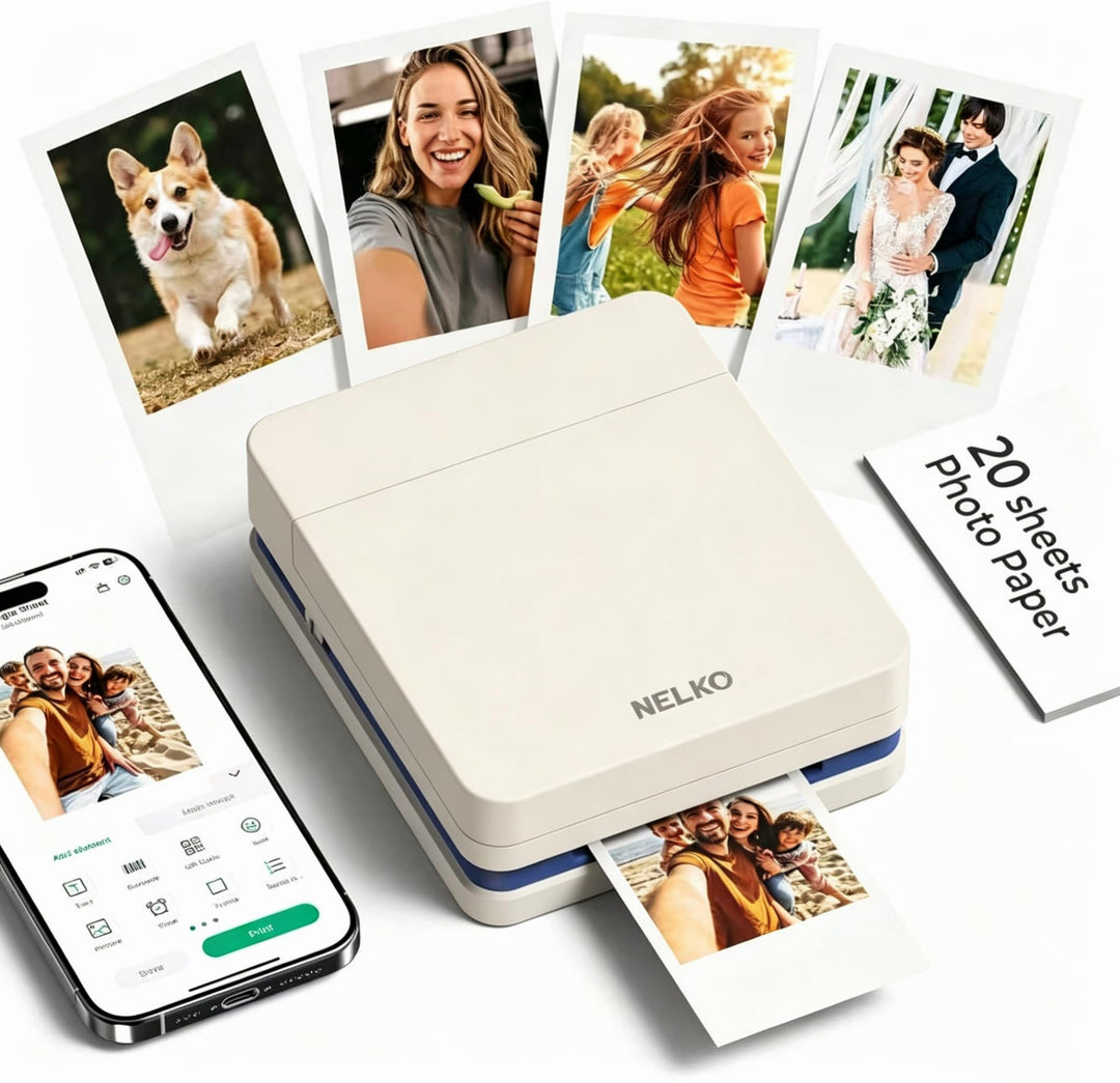 Nelko Fotodrucker PP01 Farbe Tragbarer Mini Fotodrucker für Smartphone mit 20 Fotopapier, Tintenstra