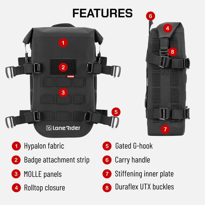 Lonerider MiniBag 6L wasserdichte Motorrad-Sturzbügeltasche – mit Hypalon MOLLE-System, Gated G-Hake