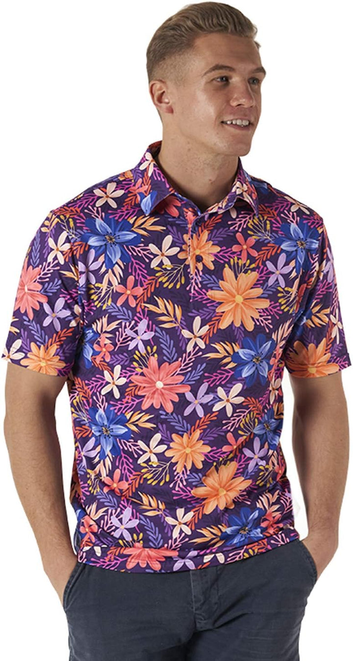 Royal & Awesome Herren Gemusterte Golf-Polo-Shirts Gemusterte Golf-Polo-Shirts M Blumen, M Blumen