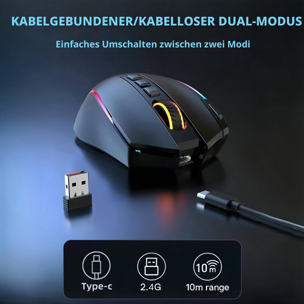 Niceon Gaming Maus kabellos RGB Wiederaufladbare, 9 Programmierbare Tasten, Langer Stunden Akkulaufz