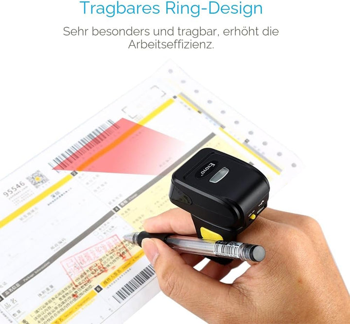 Eyoyo Ring 1D 2D QR-Barcode-Scanner, tragbarer drahtloser Finger-Mini-Barcode-Leser Kompatibel mit W