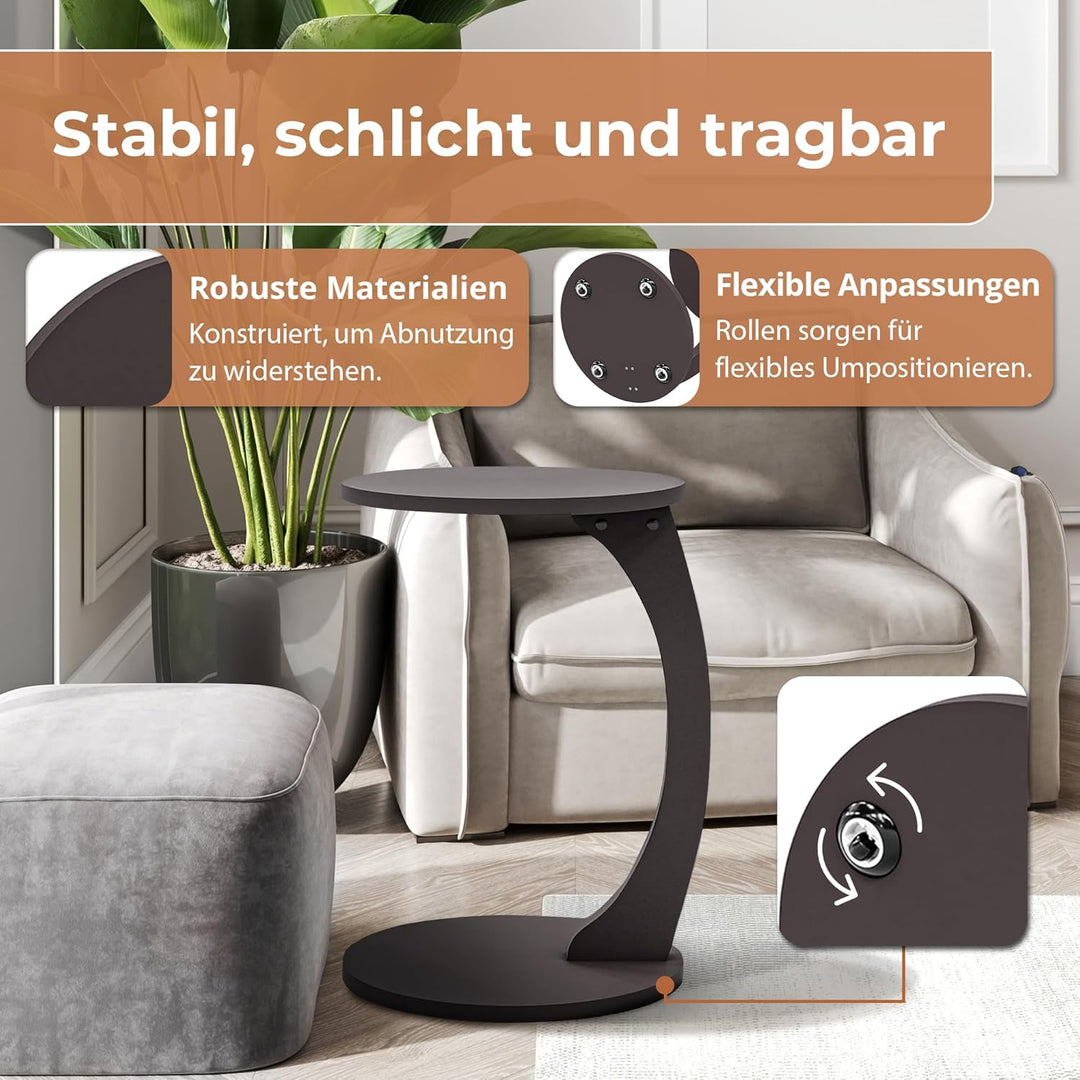 [en.casa] Beistelltisch Holeby Betttisch auf Rollen Laptoptisch Grau Wohnzimmertisch C-Form Rolltisc