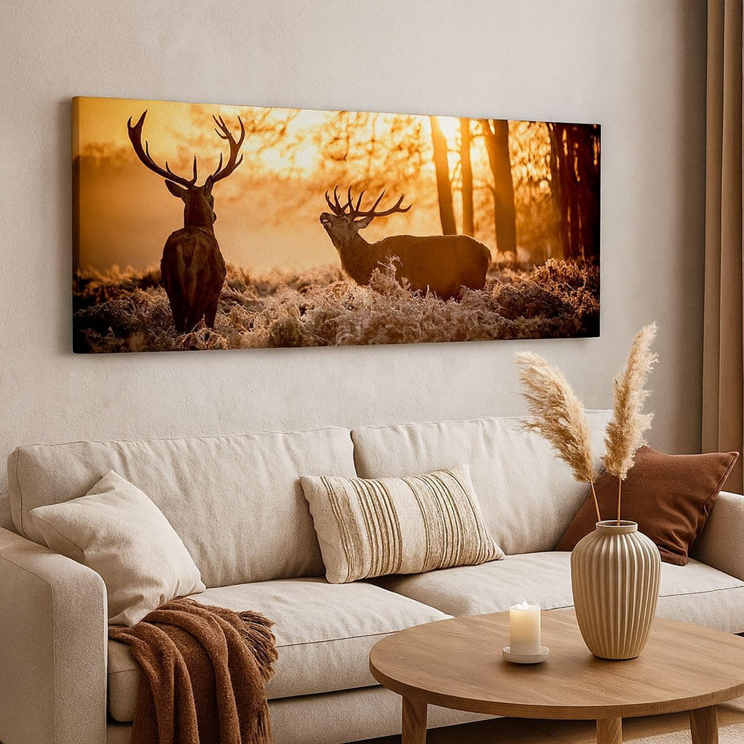 Wandbilder Dekoration Wohnzimmer Deer Heidekraut Tier Panorama Bilder auf Leinwand 120x50cm Leinwand