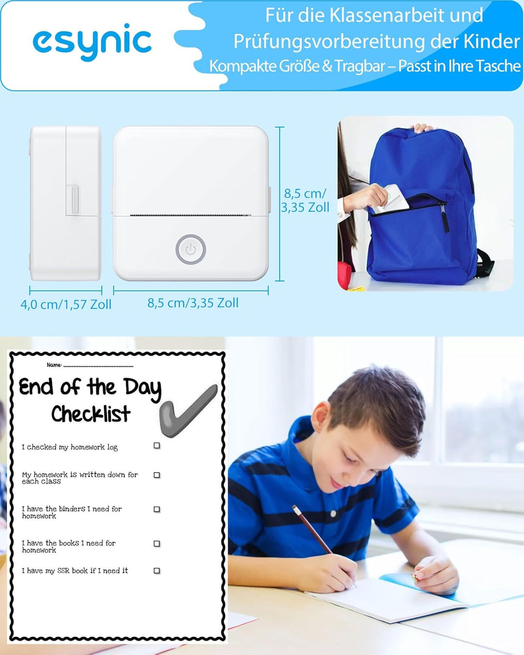 eSynic Tragbarer Mini-Drucker, kompatibel mit Android und iOS, Thermodrucker ohne Tinte oder Toner,