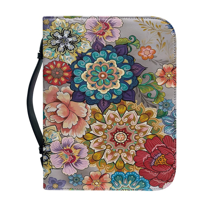 Kuiaobaty Bright Flowers PU Leder Bibeltasche mit Taschen, bunte Blumen-Buchhüllen mit Reissverschlu