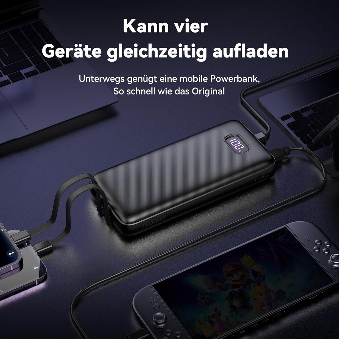 TECKNET Powerbank 20000mAh 22,5 W Schnellladefunktion PD3.0 QC4.0, externer Handyakku mit LED-Displa