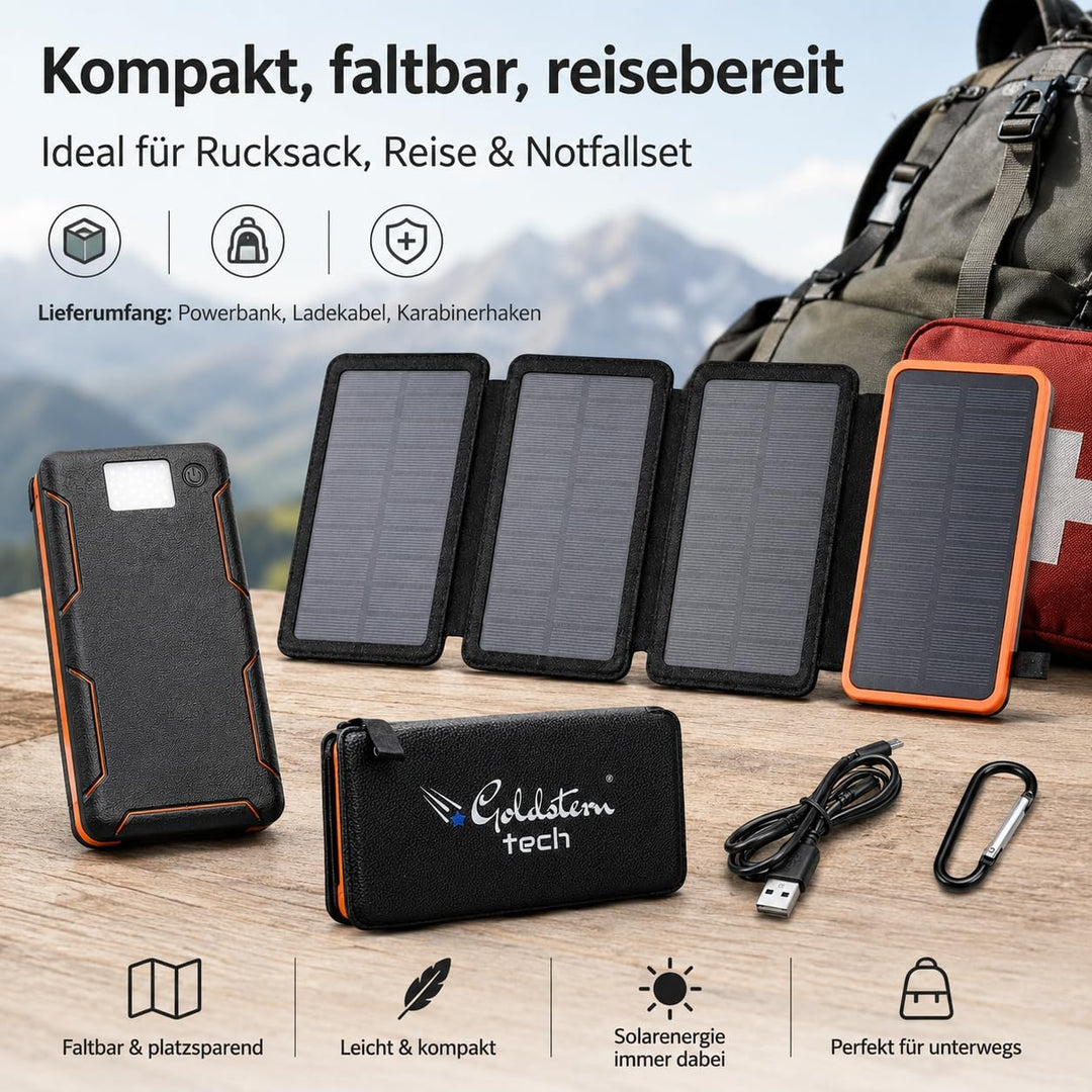Solar Powerbank 36.800mAh, 4 Solarpanels, 15W Schnellladen, USB-C & QC 3.0, LED-Taschenlampe, Outdoo