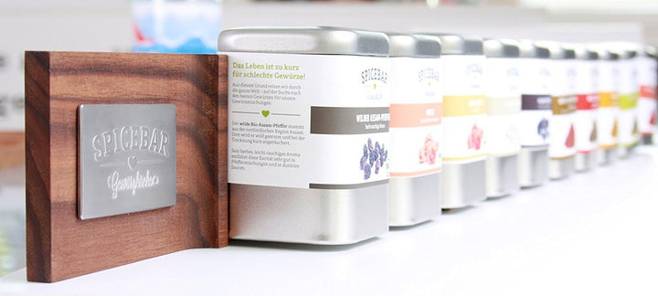8 Spicebar Gewürzdosen Eckig Set mit Aromadeckel + 8 Etiketten + 4 Streueinsätze, Aromadose Masse: 8