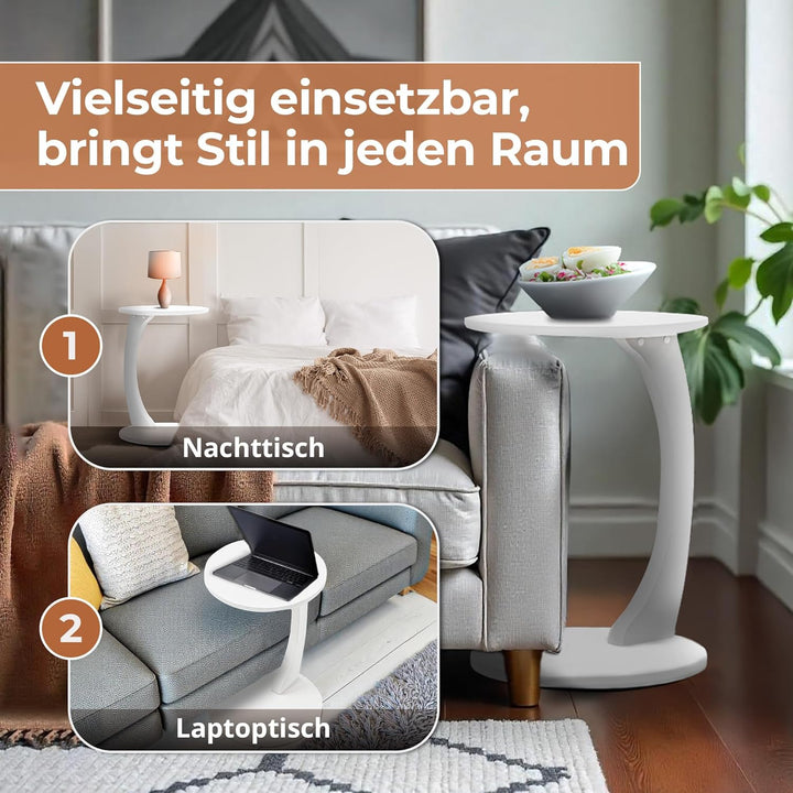 [en.casa] Beistelltisch Holeby Betttisch auf Rollen Laptoptisch Weiss Wohnzimmertisch C-Form Rolltis