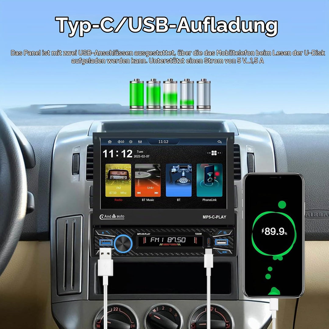 Hikity 1 Din Autoradio Wireless Carplay, 7 Zoll Bildschirm Touchscreen Motorisiertes Teleskop Displa