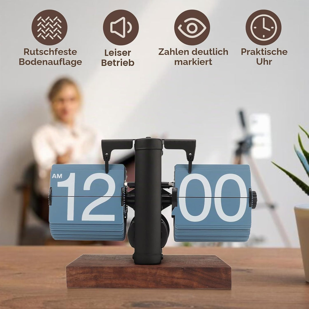 Digitale Flip-Down-Uhr, 12 Stunden Flip Uhr Retro mit Holzsockel und grosse Zahlenanzeige Tischuhr V