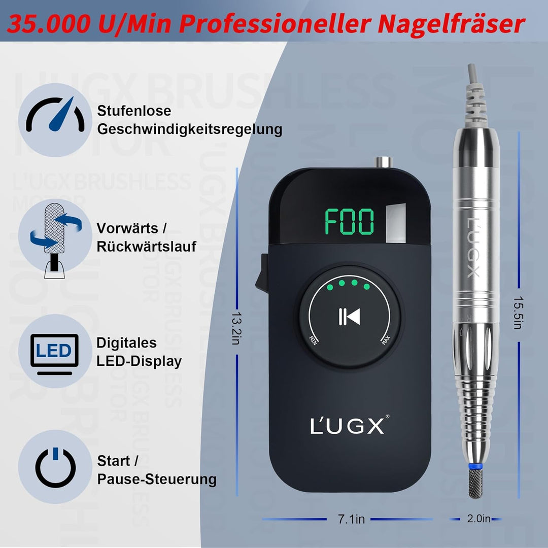 L'UGX Professioneller Nagelfräser Kabellos–Bürstenloser Motor Elektrische Nagelfeile für Gelnägel &