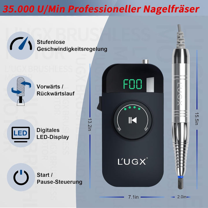 L'UGX Professioneller Nagelfräser Kabellos–Bürstenloser Motor Elektrische Nagelfeile für Gelnägel &