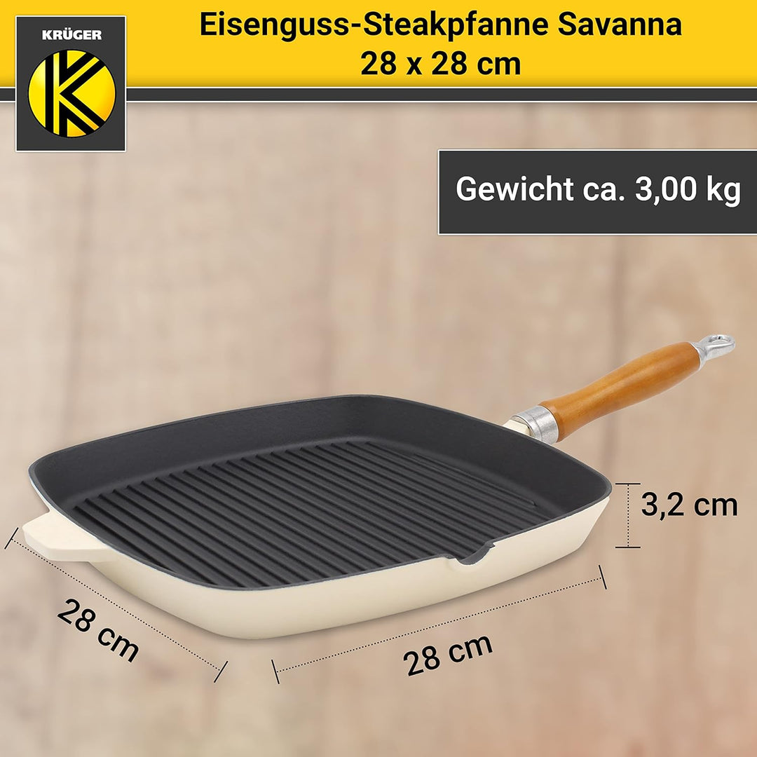 KRÜGER Gusseisen-Grillpfanne mit Holzgriff - 28 x 28 cm - emailliert - hohe Hitzebeständigkeit und l