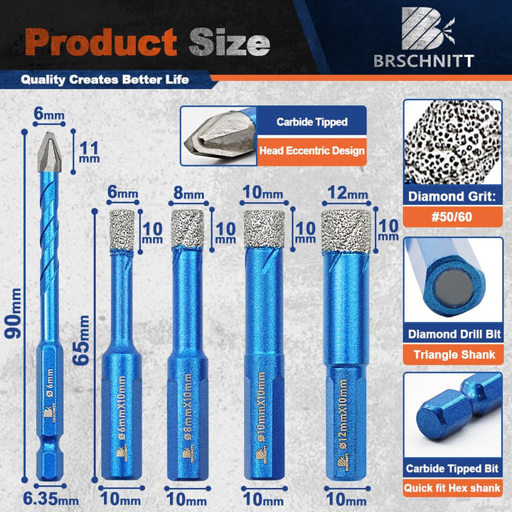 Diamantbohrer Fliesenbohrer Set 1/4" -1/2" 6/6/8/10/12MM+6MM - BRSCHNITT 6 Stück Dreikant Schaft Loc