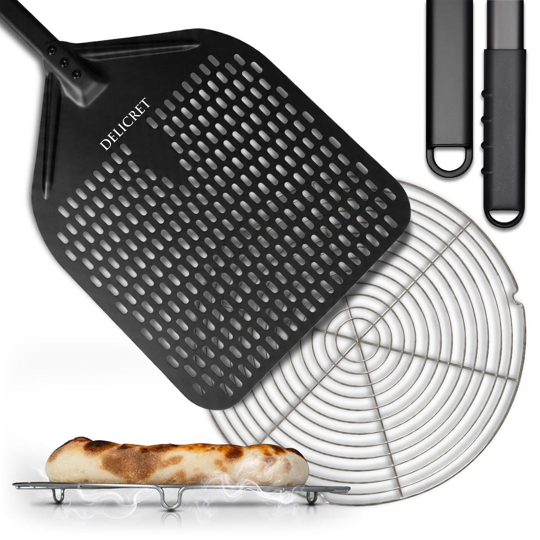 DELICRET „Black Line“ Pizzaschieber 12"/Ø30 – 30×30×72 cm inkl. Ø 32 cm Abkühlgitter für extra knusp