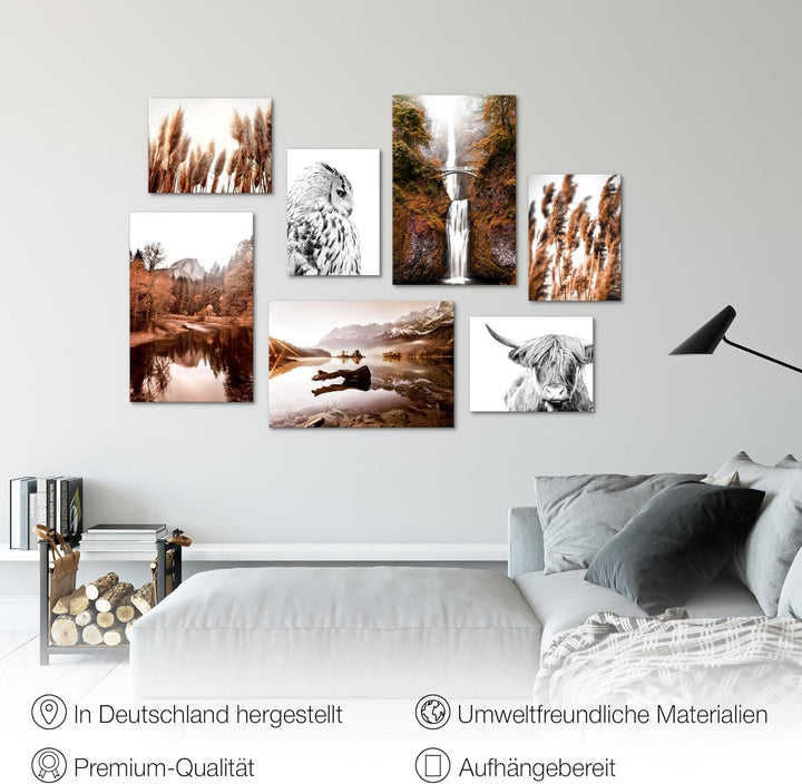 Novart Wandbilder Natur Berge See - KOMPLETT AUFHÄNGFERTIG - Orange Braun Wohnzimmer Schlafzimmer -