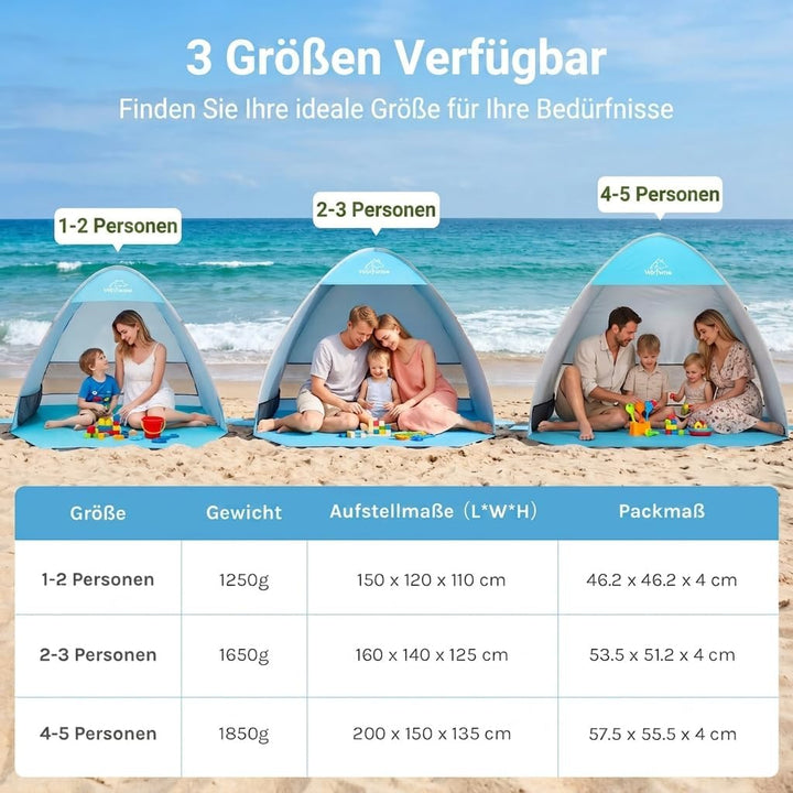Wolfwise Strandmuschel Pop Up, Strandzelt mit UV-Schutz 50+, Sekundenschneller Aufbau, Wasserabweise