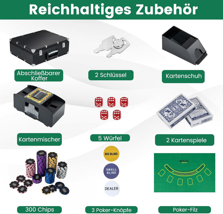 COSTWAY Pokerset 300 Chips, Pokerkoffer mit 2 Kartendeck, 5 Würfel, Dealer Button, Matte, Kartenmisc