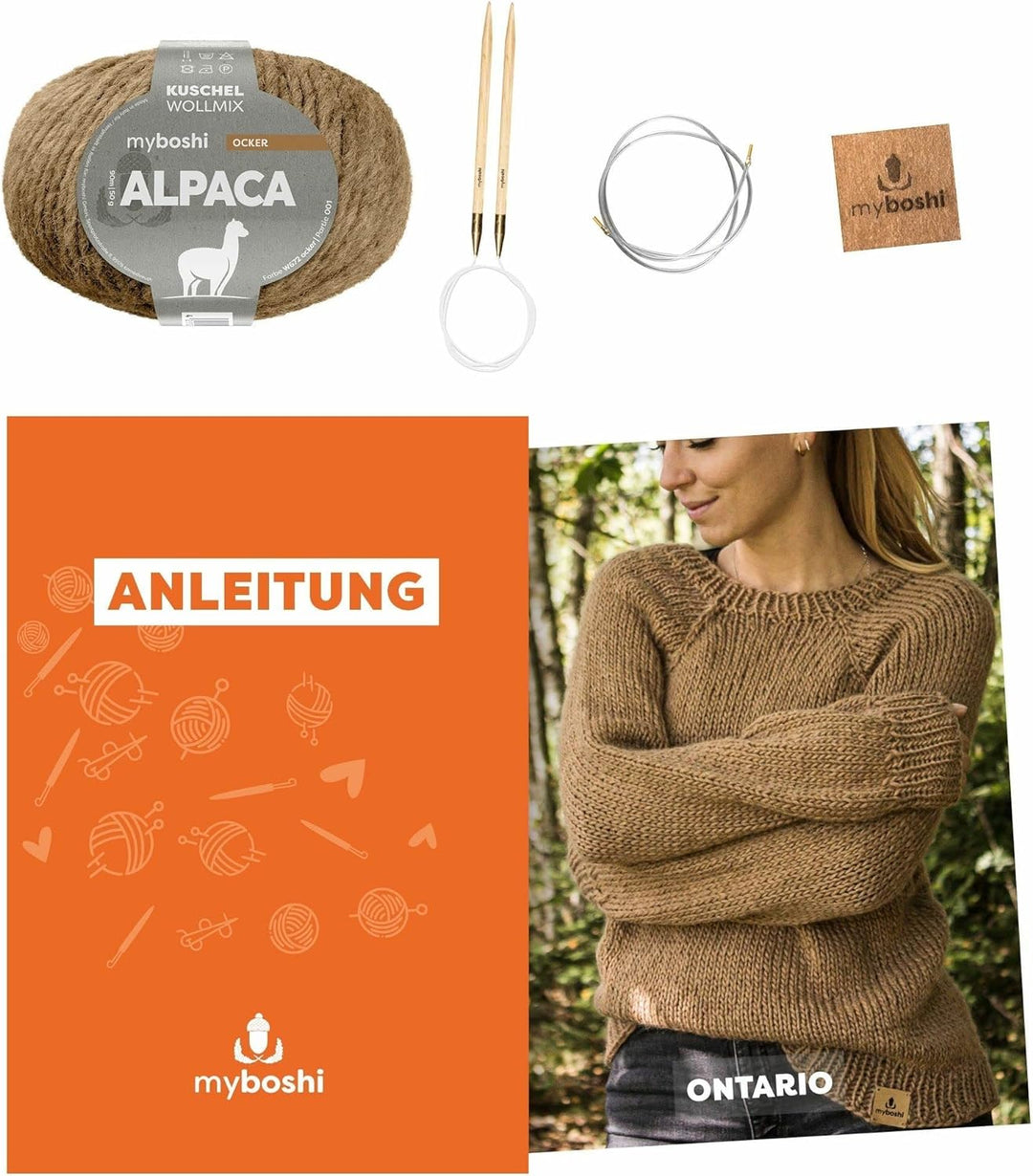myboshi Strickset Raglanpullover Ontario, Strickset für Anfänger, inkl. Alpaca Wolle, Nadel und Anle