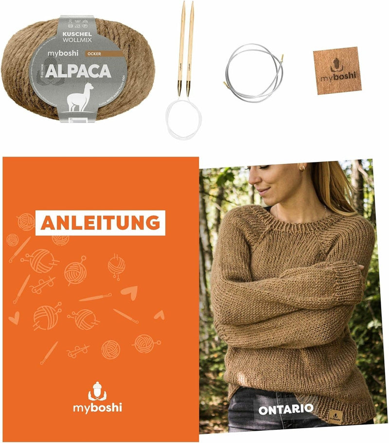 myboshi Strickset Raglanpullover Ontario, Strickset für Anfänger, inkl. Alpaca Wolle, Nadel und Anle