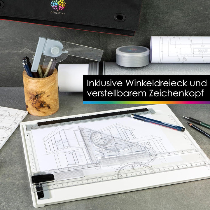 OfficeTree Zeichenplatte A4 - Inkl. Tragetasche, Schiebelineal, Geodreieck UVM. - Zeichenbrett A4 fü