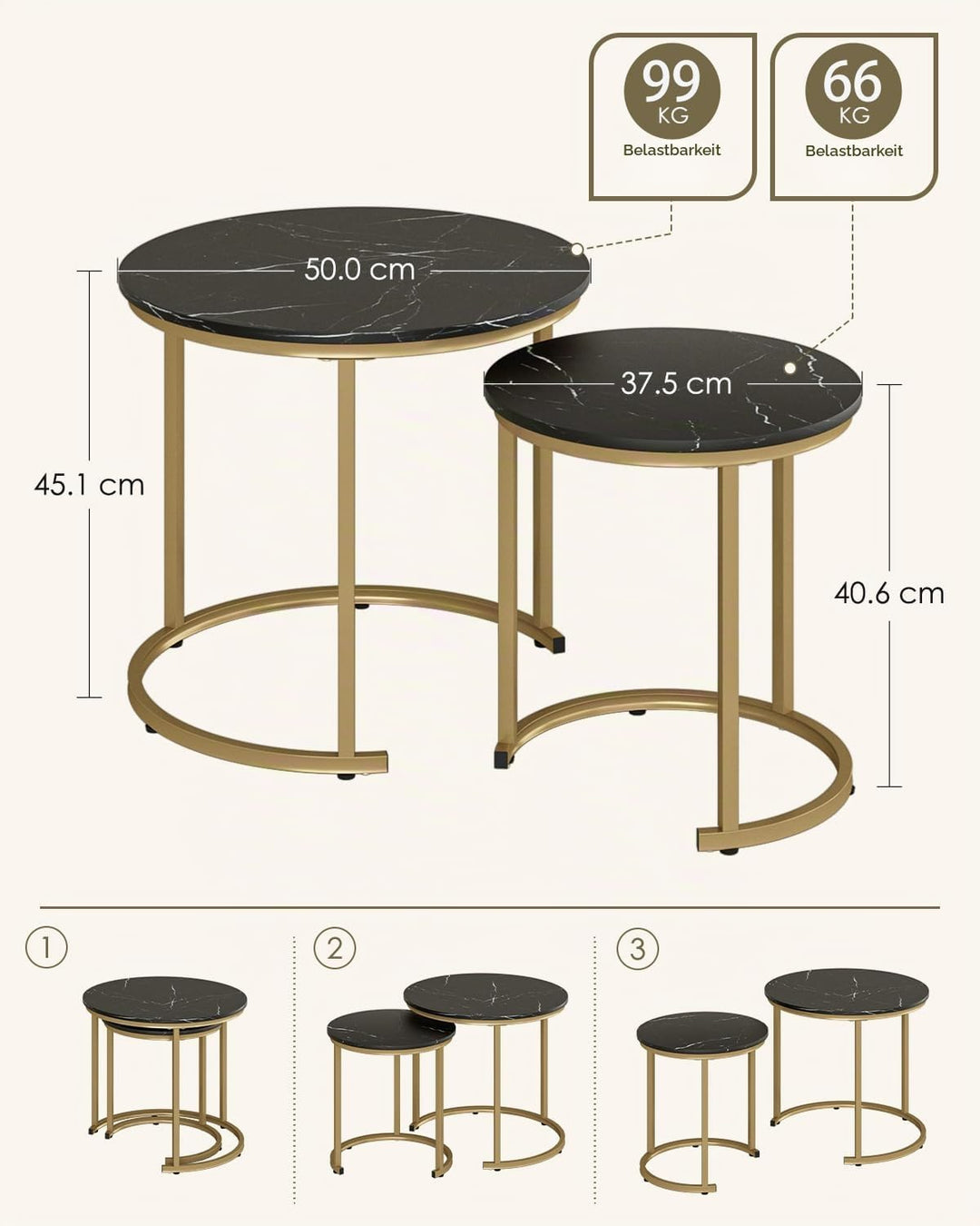 Couchtisch Rund 2er Set, Wohnzimmertisch, Beistelltische Gold Metall, Kaffeetisch für Sofatisch, Woh