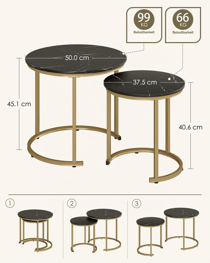 Couchtisch Rund 2er Set, Wohnzimmertisch, Beistelltische Gold Metall, Kaffeetisch für Sofatisch, Woh