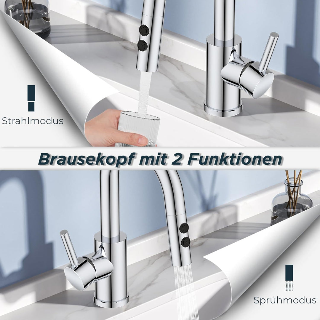 FORIOUS Wasserhahn Bad mit Ausziehbarer Brause, Edelstahl Waschtischarmatur Hoch mit 2 Strahlarten,