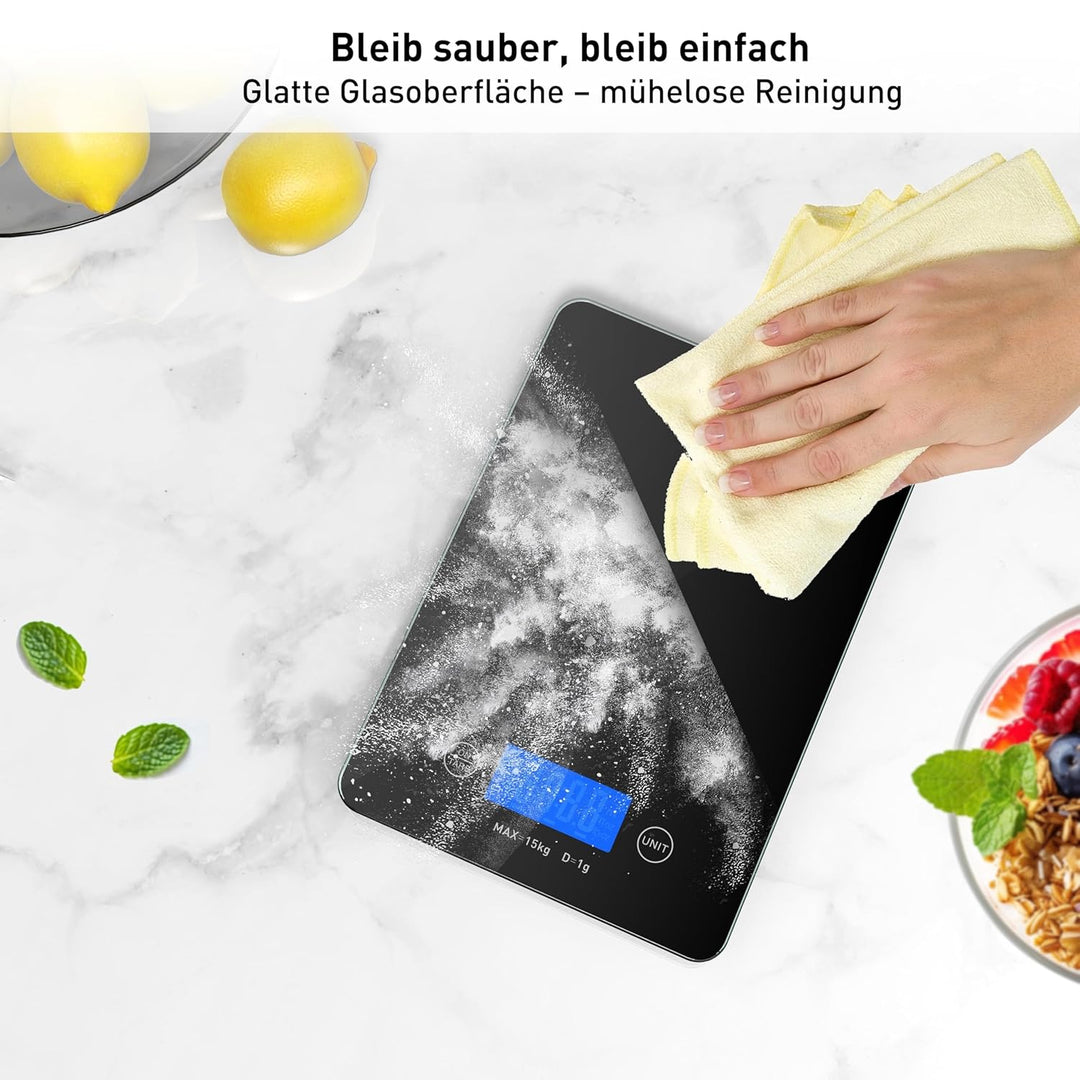 Digitale Küchenwaage, Lebensmittelwaage, 15 kg, hohe Genauigkeit, 1 g, USB wiederaufladbar, 2 AAA-Tr