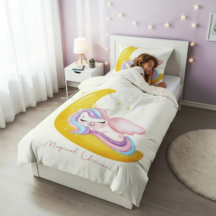 DJDEA Mond-Einhorn Bettwäsche Kinder 135x200 Mädchen Weich Mikrofaser,Einhorn Motiv Kinderbettwäsche