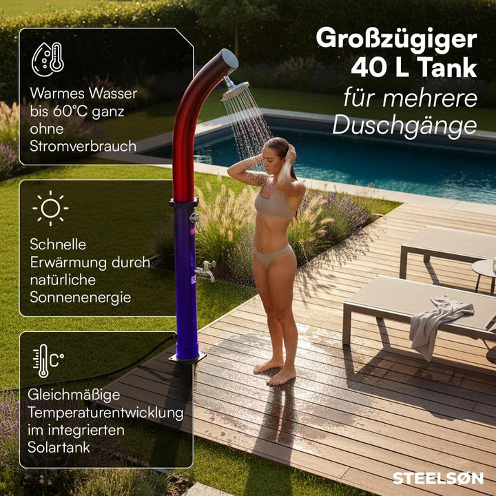 STEELSØN Selara Solardusche 40 L ohne Bodenplatte – Gartendusche bis 60° C – Pooldusche gebogen Camp