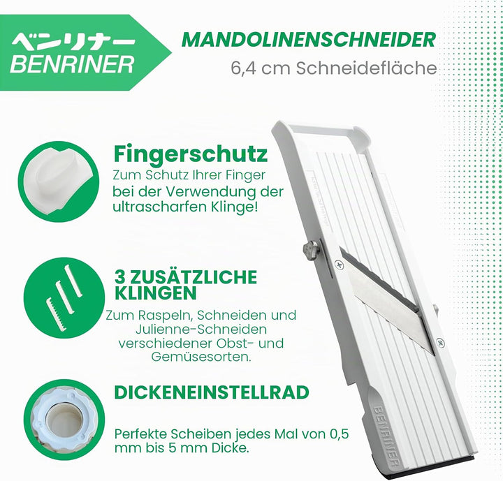 Benriner BN-3GR Japanischer Hand-Mandolinenschneider mit drei austauschbaren Edelstahlklingen, elfen