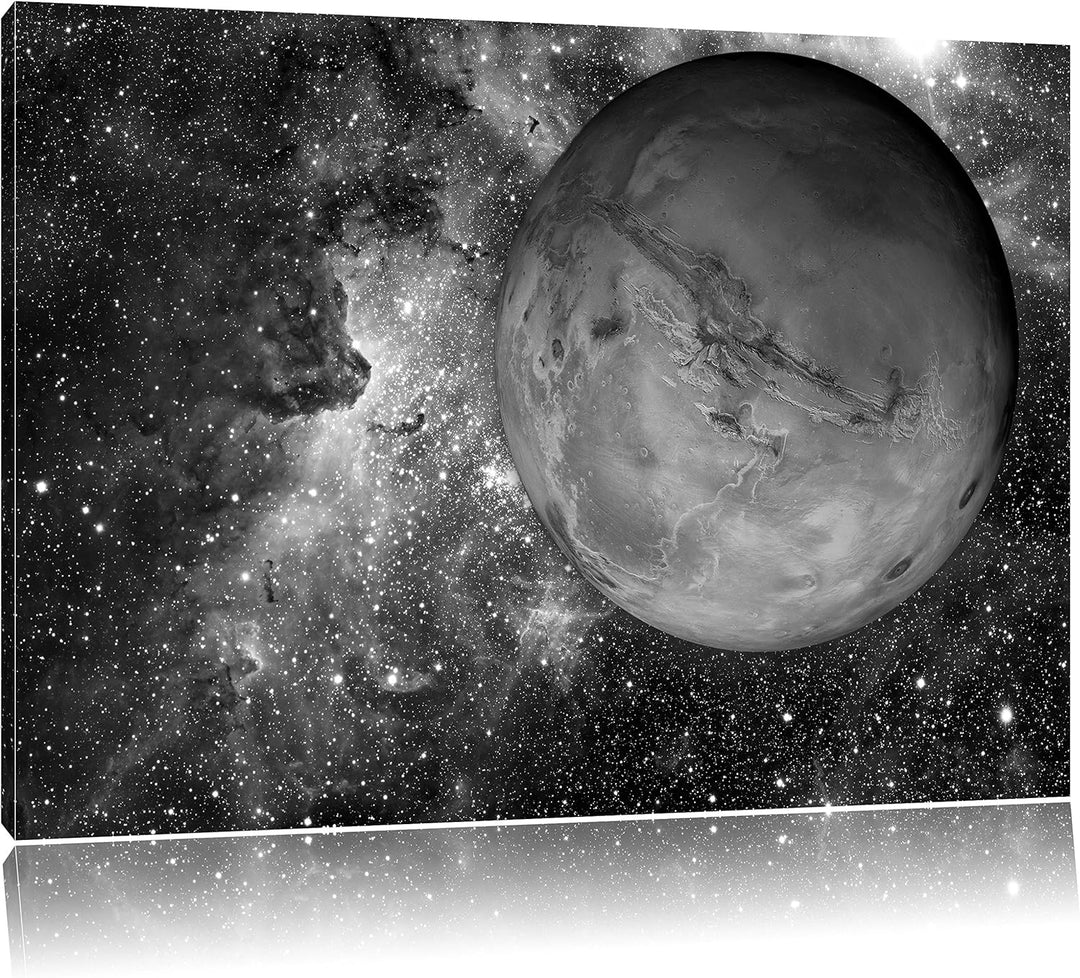 Mars im Weltall Kunst B&W, Format: 100x70 auf Leinwand, XXL riesige Bilder fertig gerahmt mit Keilra